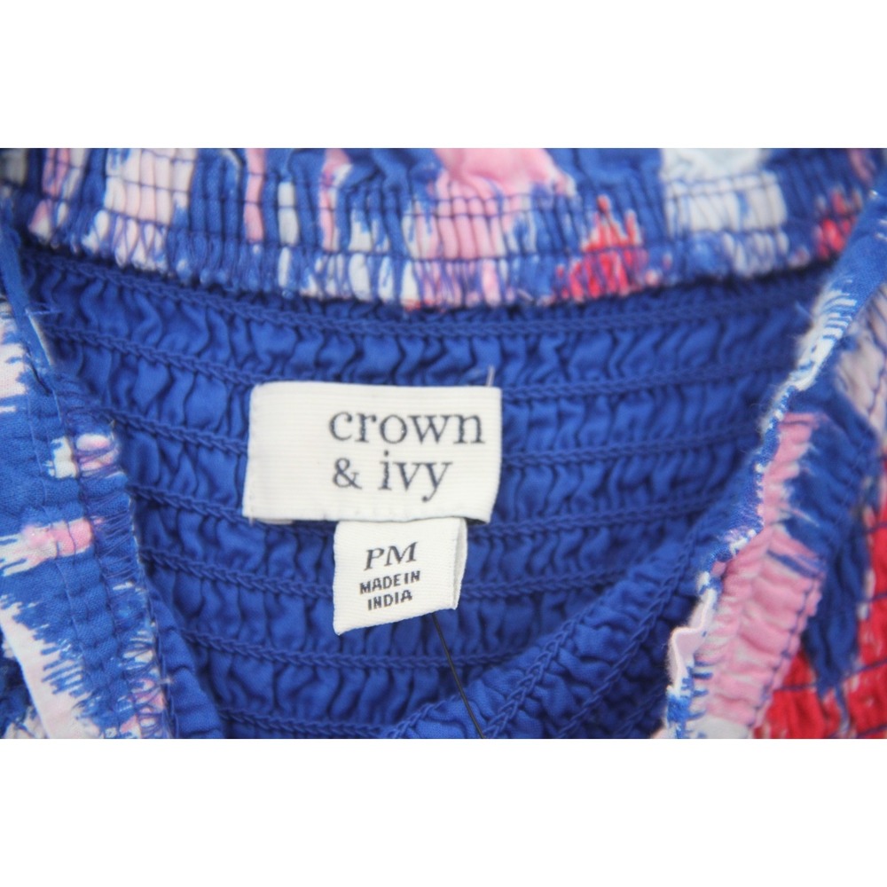 Crown & Ivy Maxi Dress PM Blue Ikat Print Cotton Swiss Dot Smocked Tie NWT #664 - Picture 9 of 14
